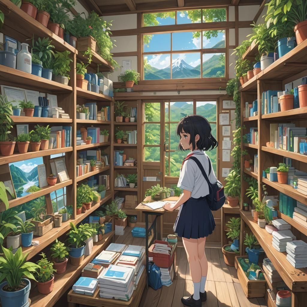 Anime Girl in Bathhouse with Mountain View