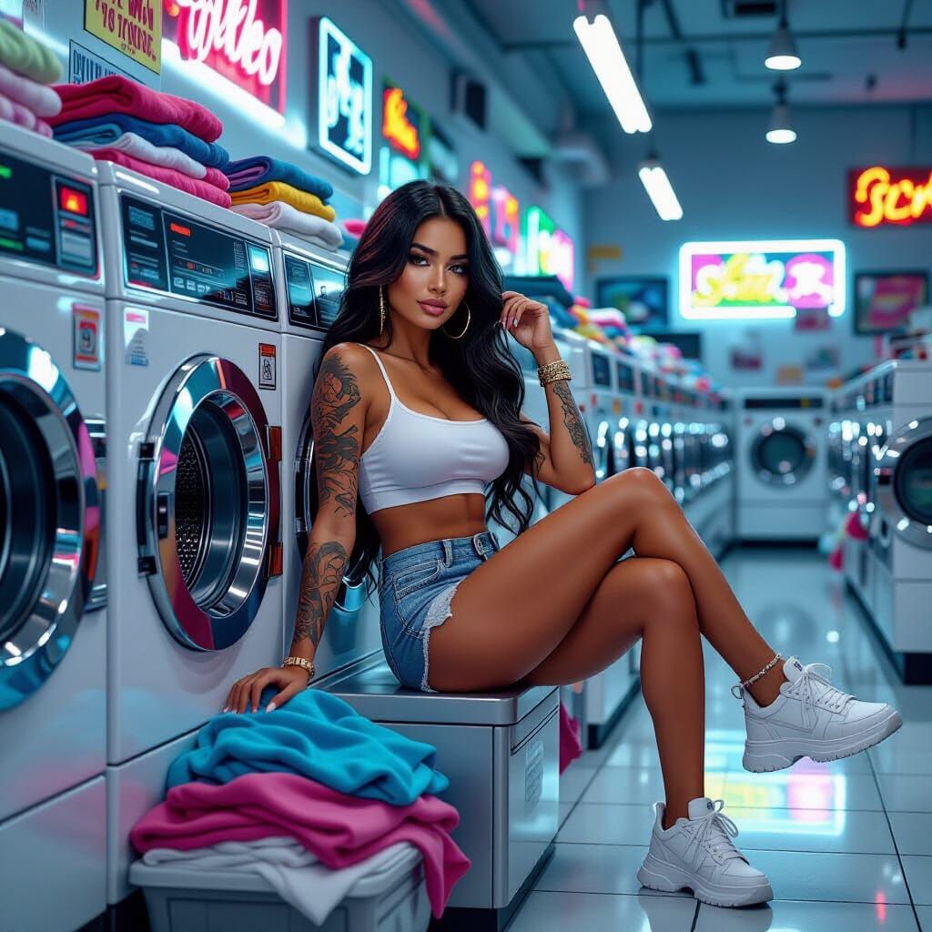 Brazilian Woman in Neon Laundromat: Futuristic Art