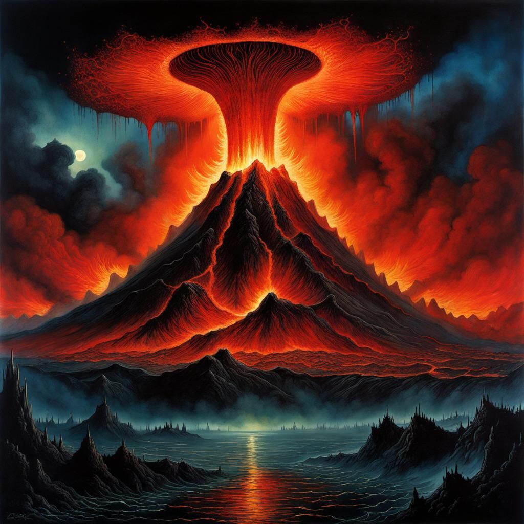 Volcanic Eruption at Night in Surreal Style