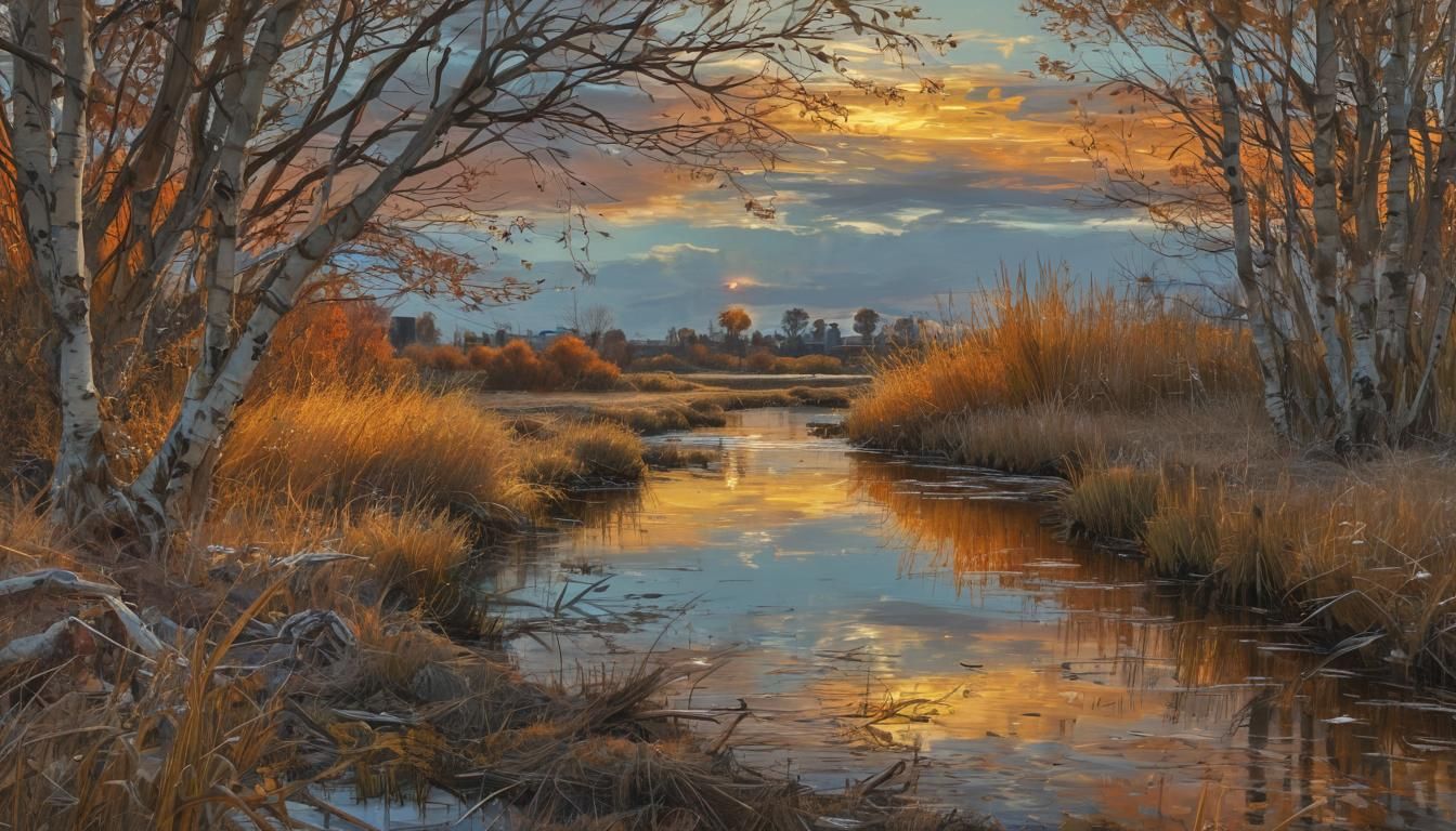 Van Gogh Style Sunset Creek Illustration