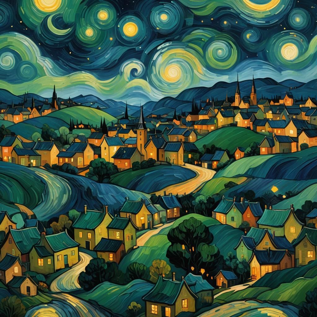 Surreal Village Under Swirling Starry Night Sky