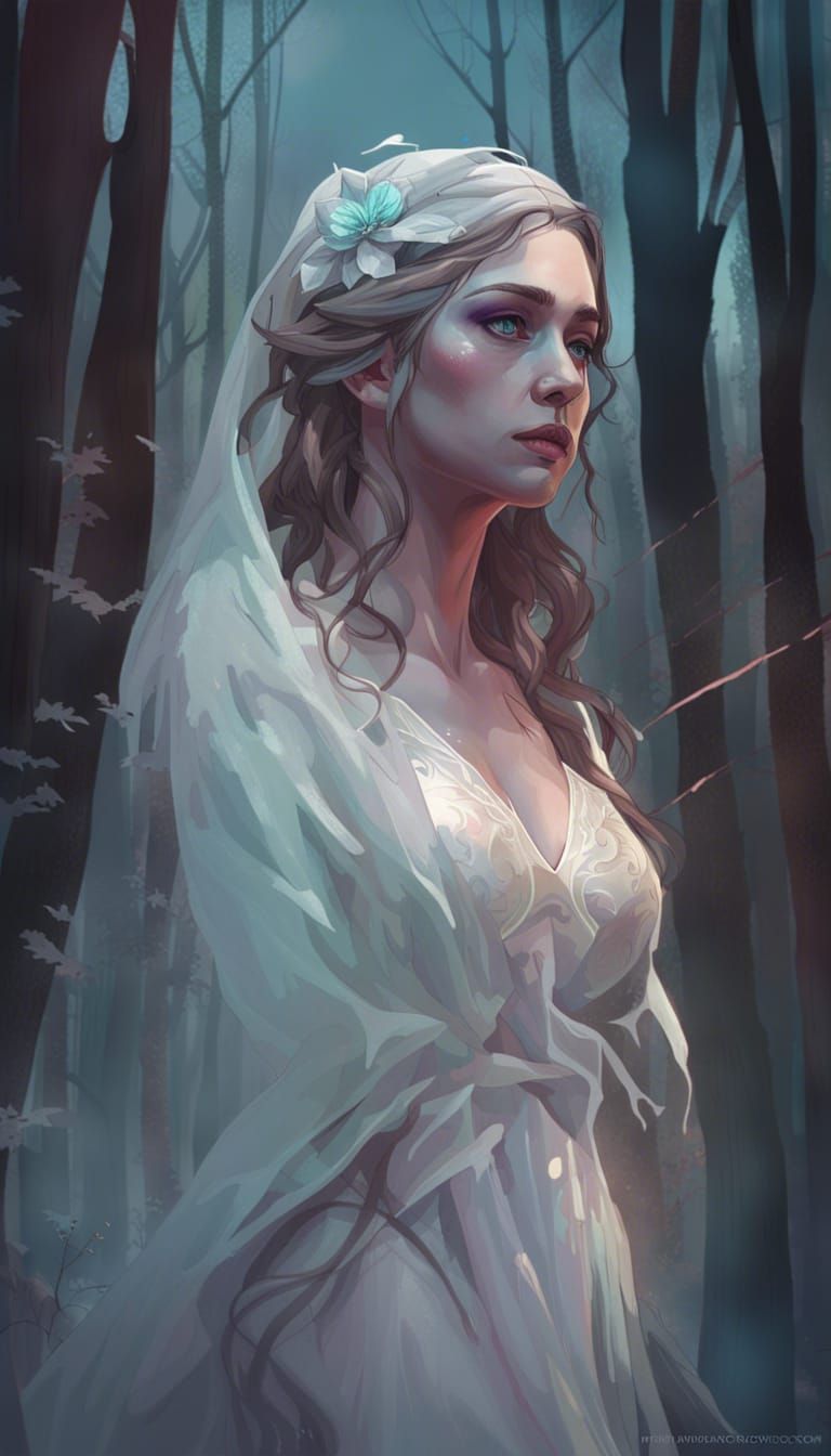 Ethereal Ghost Bride Portrait in Forest, Hyperdetailed Art