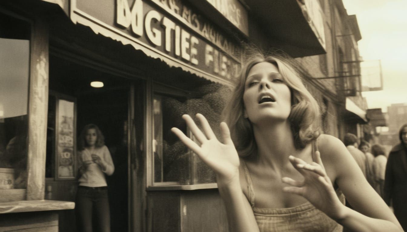 1970s Photography: Woman Swarmed by Flies Outside Bar