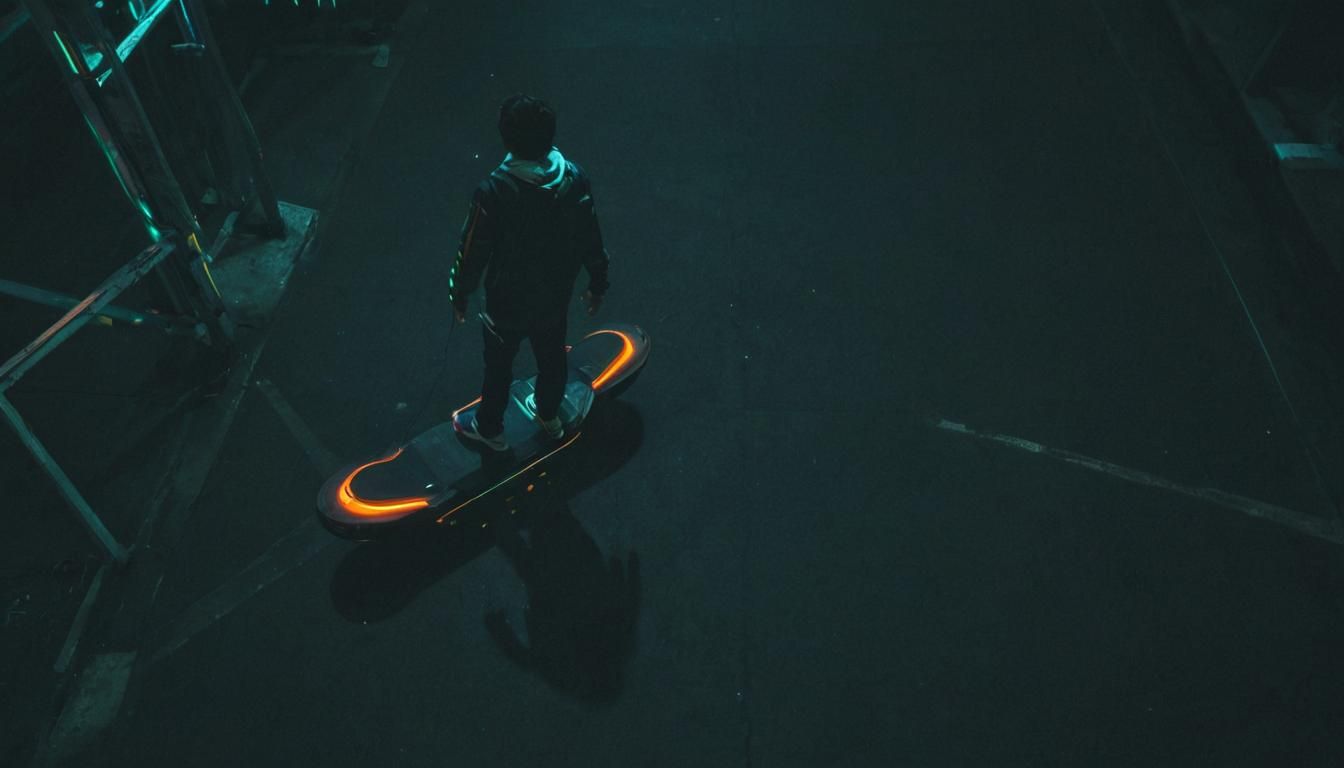 Futuristic Hoverboard Silhouette in Cyberpunk Cityscape