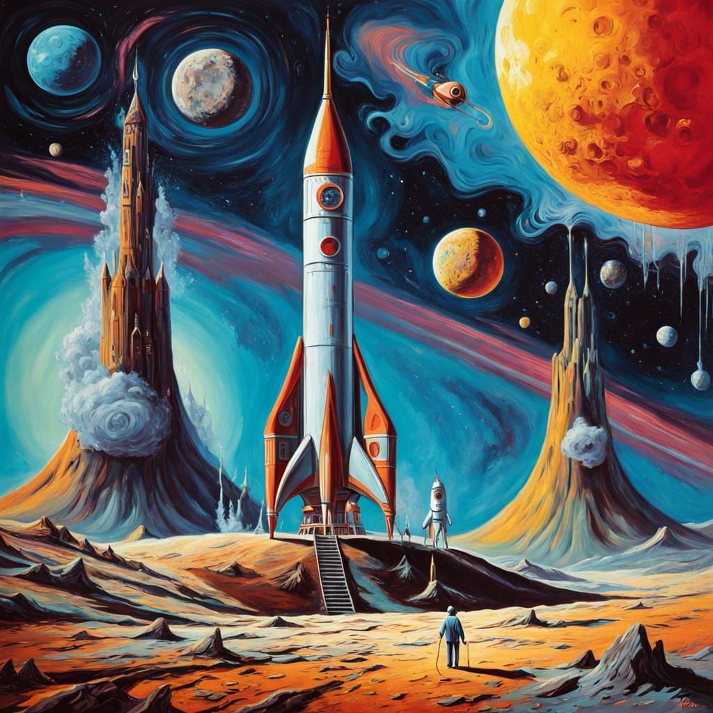 Giant Stickman on Moon with Vintage Rocket