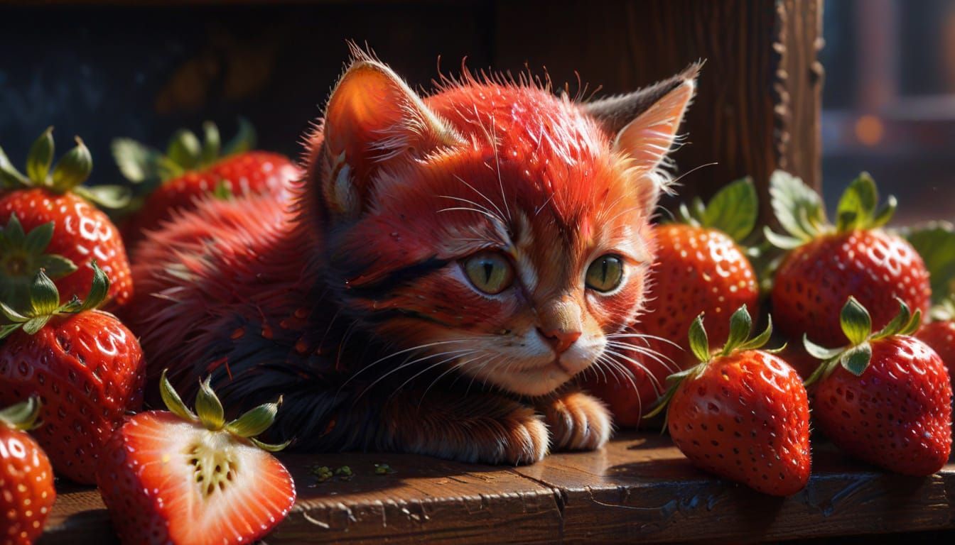 Strawberry Kitten Sleeping: Hyperrealistic Concept Art
