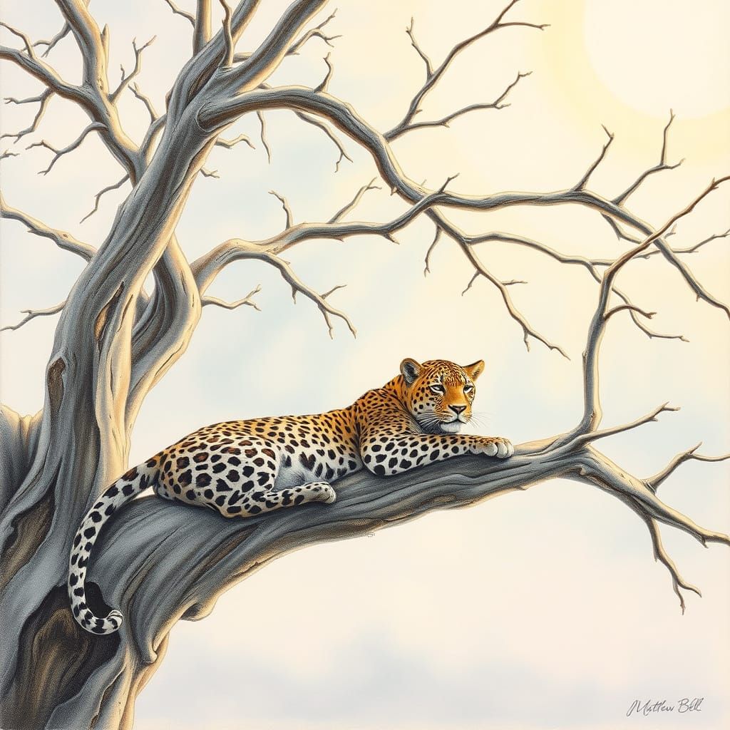 Leopard in Serene Thorn Tree Landscape, Whimsical Watercolou...