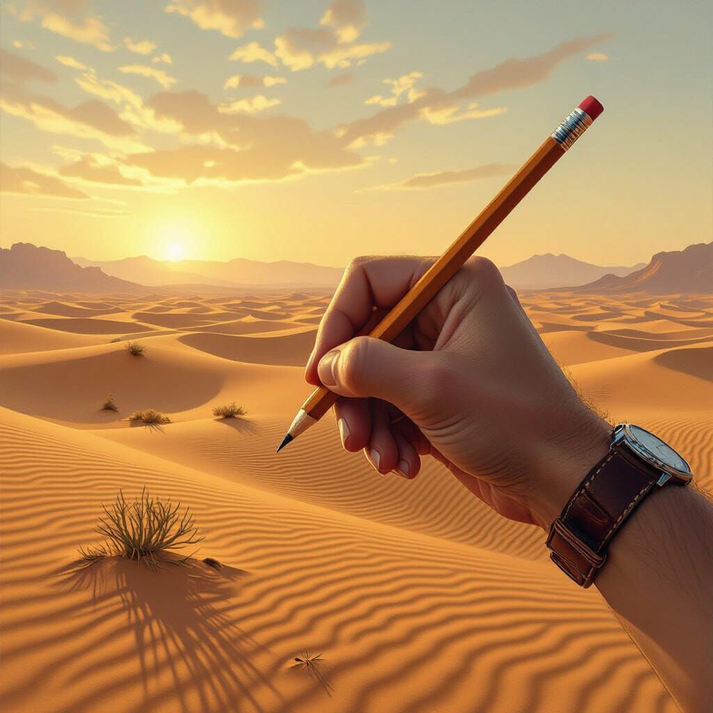 Hand Drawing Desert Landscape in Photorealistic Style