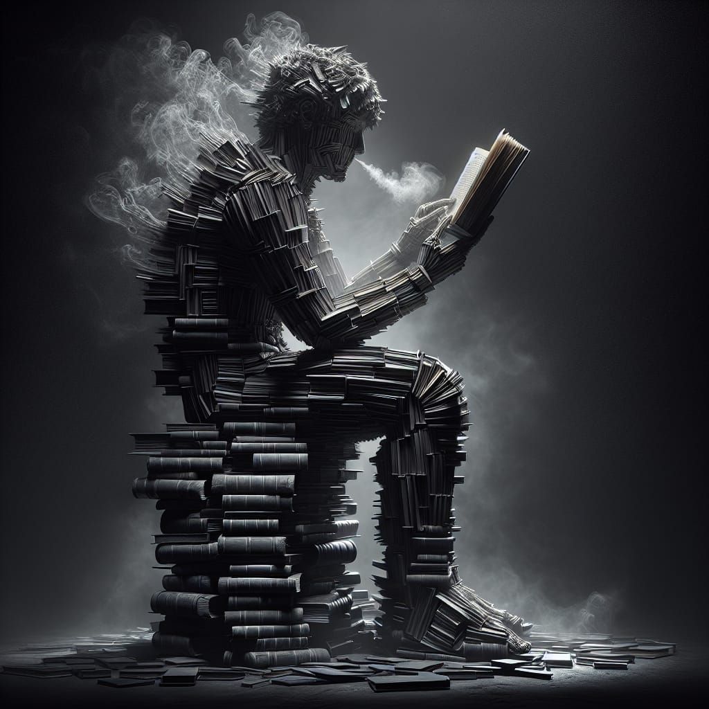 Hyperrealistic Figure Made of Books in Monochrome Digital Ar...