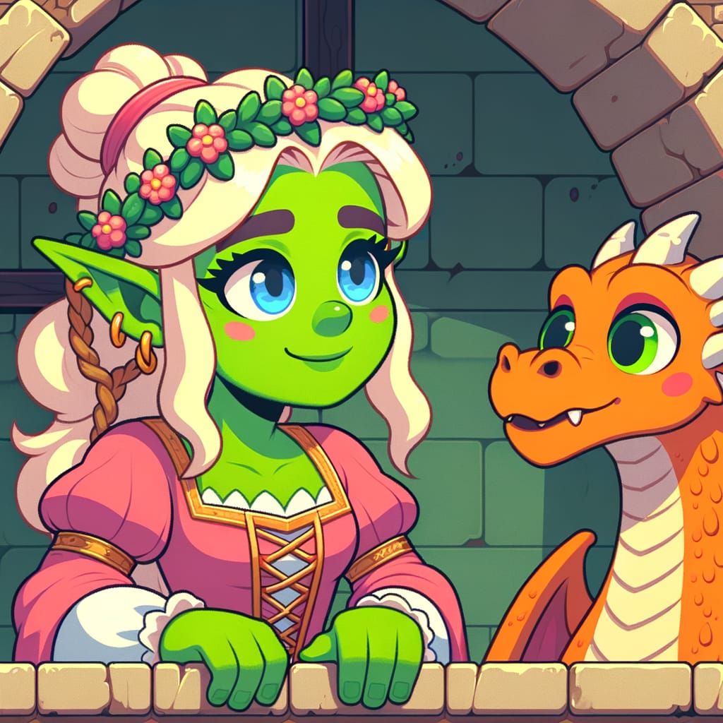 Cute Retro-Style Orc Princess with Blonde Hair and Blue Eyes