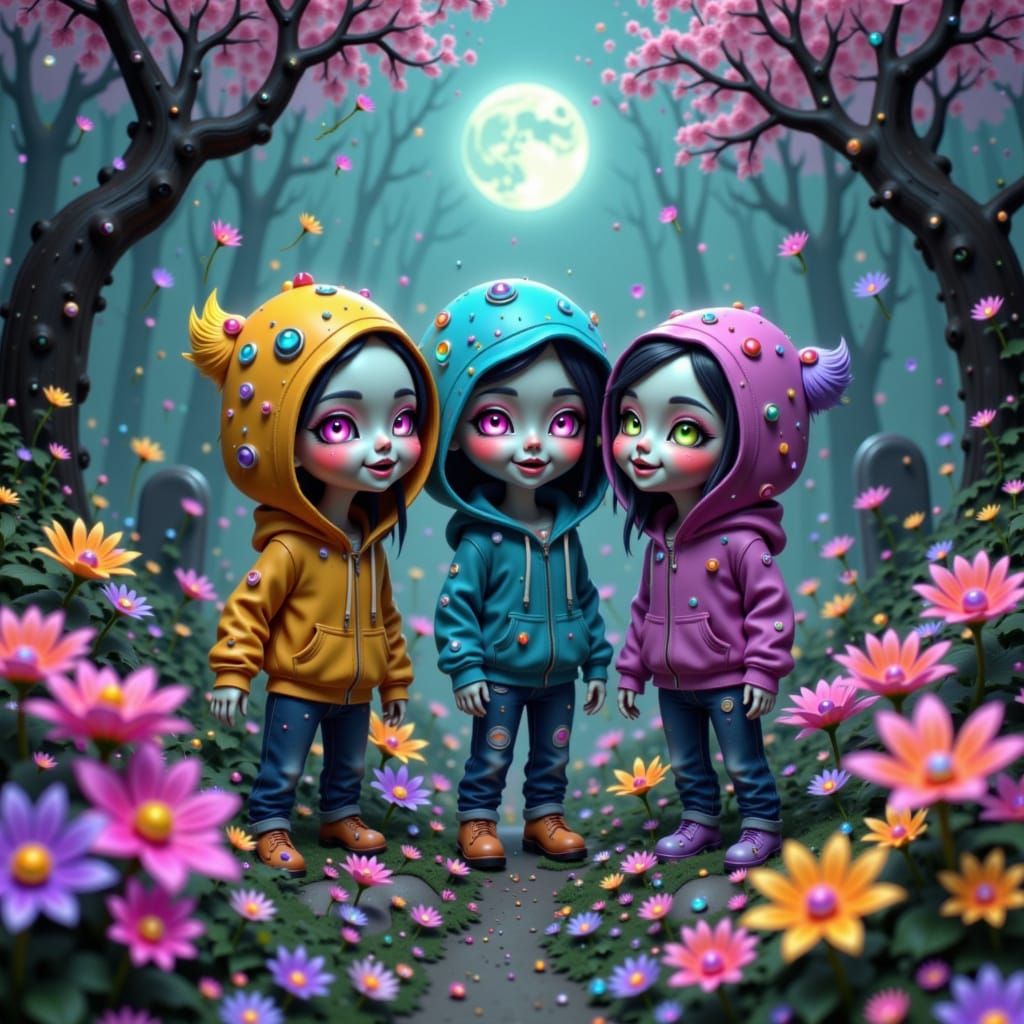 Laughing Chibi Skeletons in Moonflower Graveyard, 3D CGI