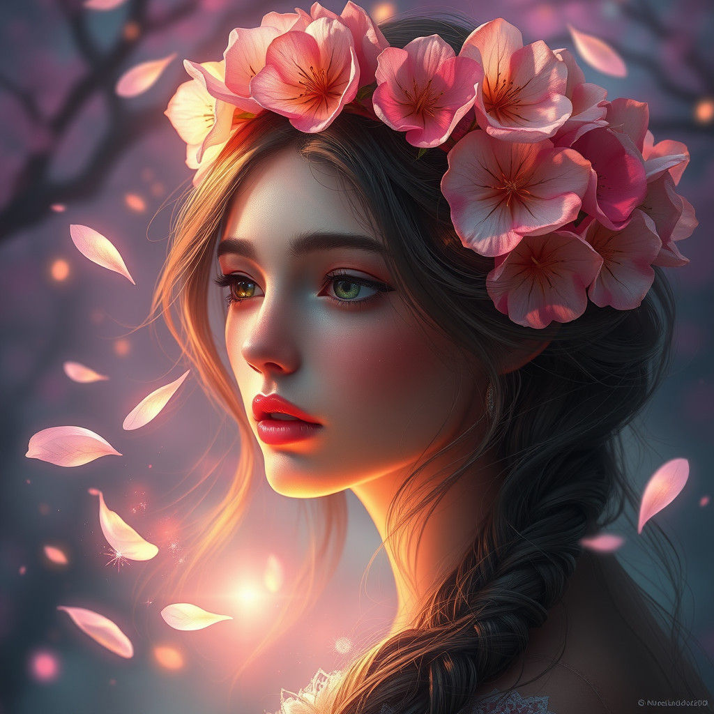Mystical Flower Girl Portrait in Digital Art Style