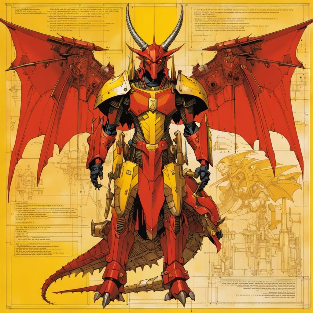 Winged Dragon in Mech Armor with Mechanical Schematic