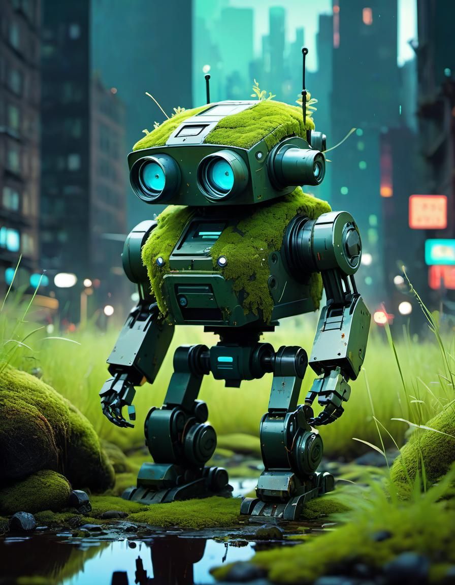 Mossy Cute Robot in Overgrown Cityscape