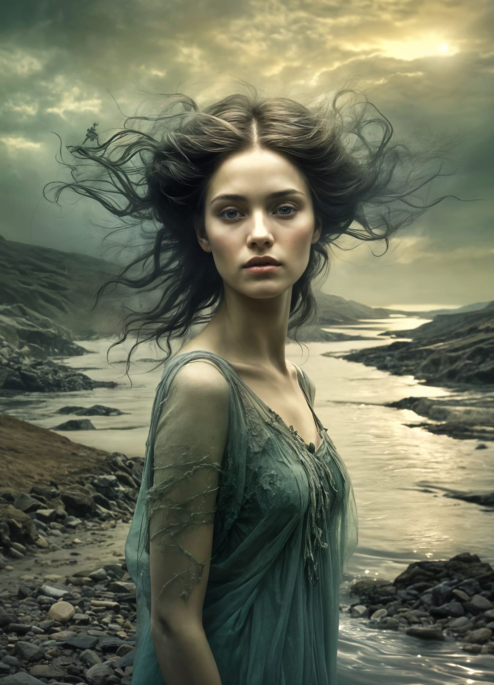 Double Exposure Portrait of Persephone in Surrealist Style