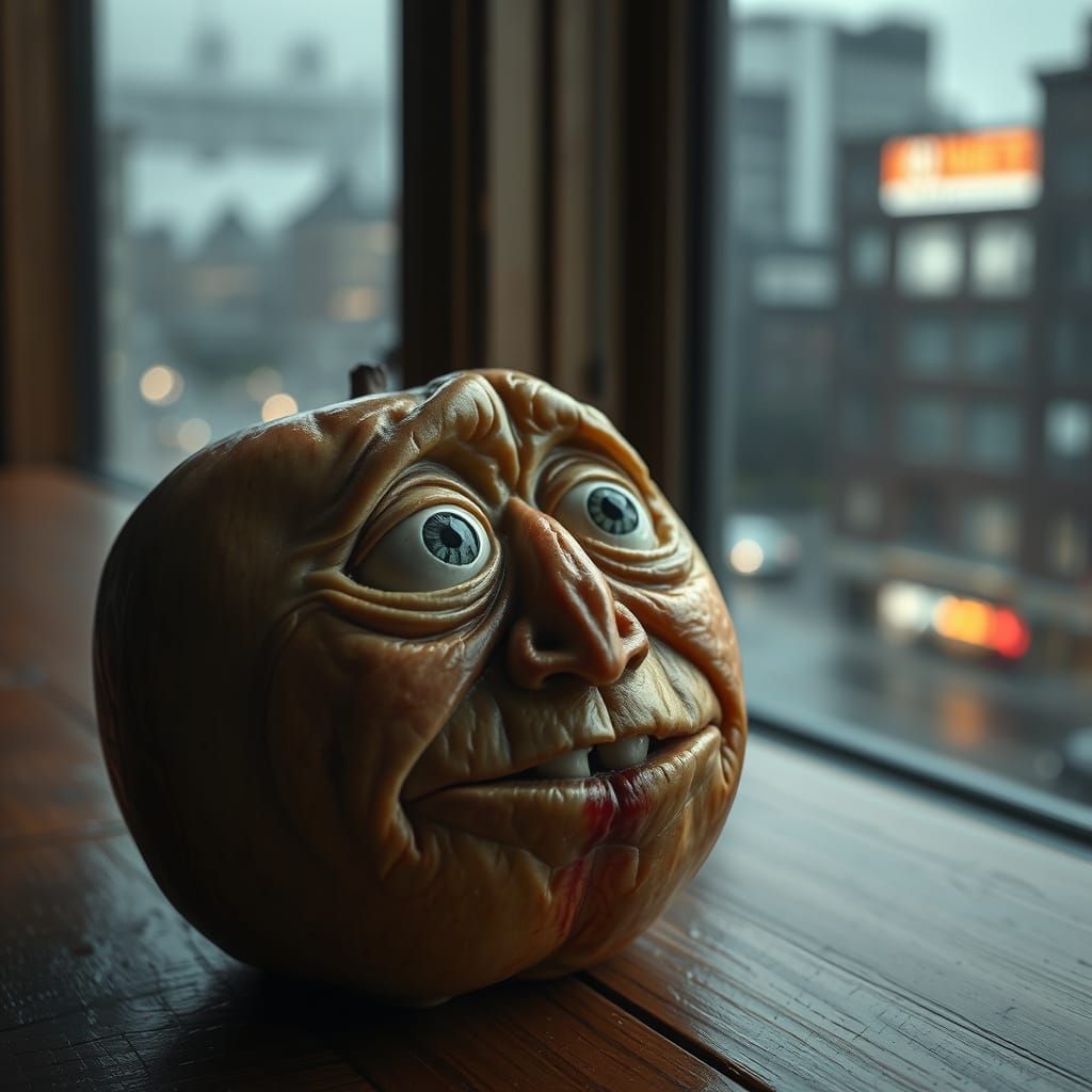 Surrealistic Portrait of a Wrinkled Apple with Wide Eyes