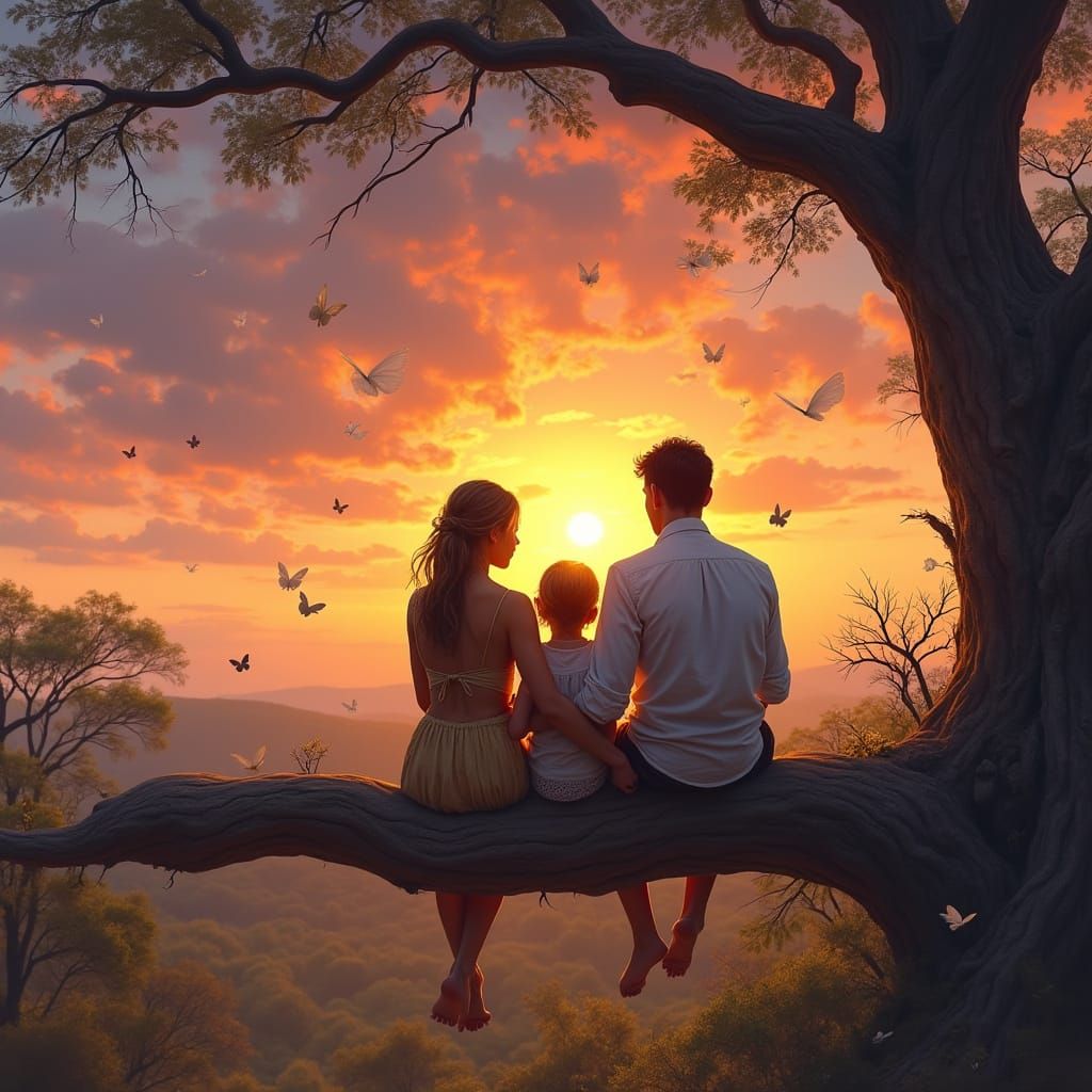 Family Silhouetted on Tree Branch at Sunset
