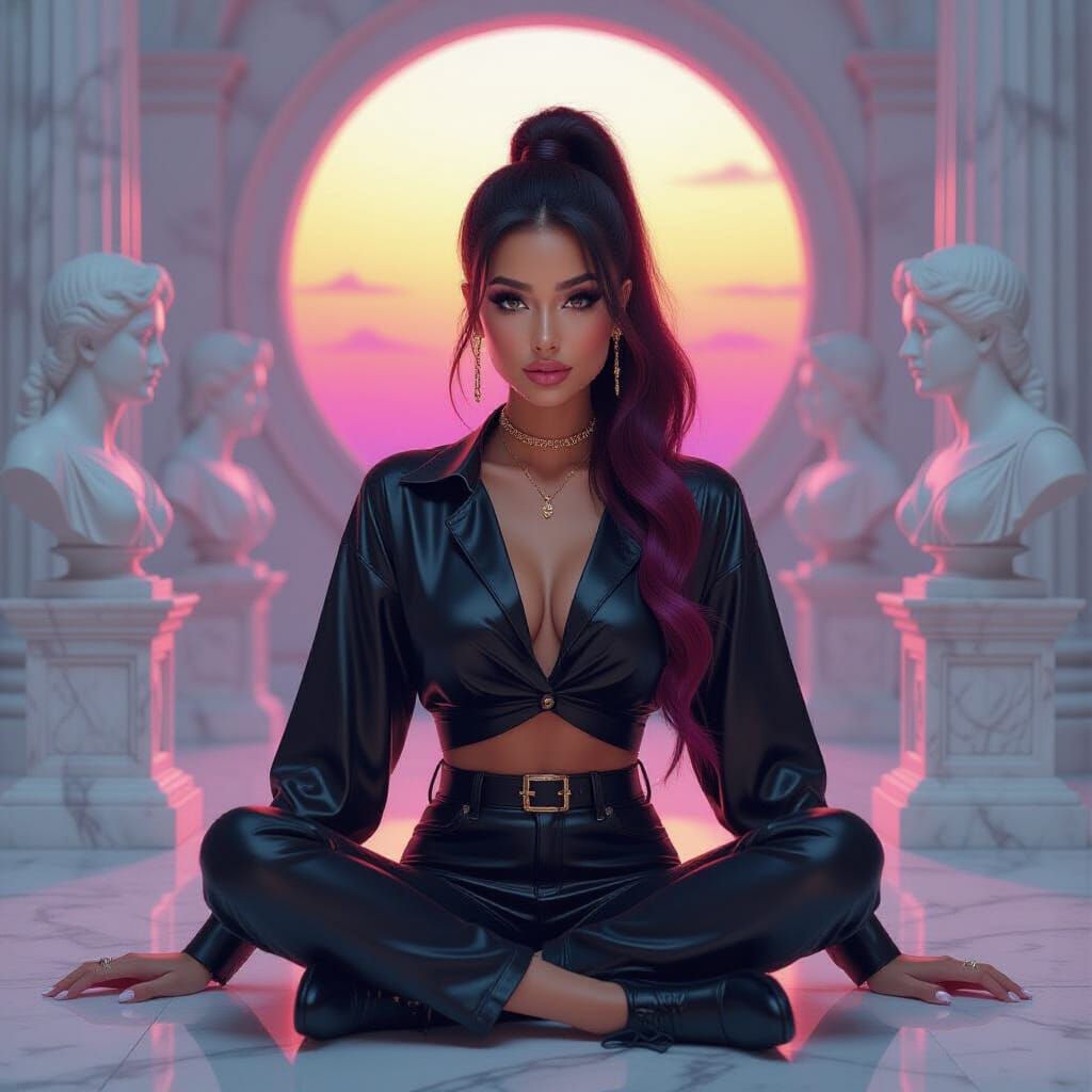 Vaporwave Portrait: Woman in Leather Pants with Neon Sunset