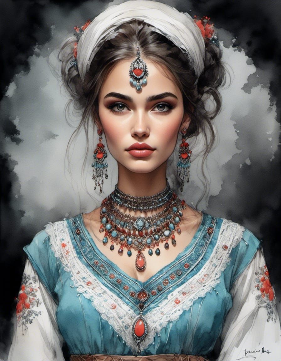 Crimean Tatar Woman Portrait in Sketch Style