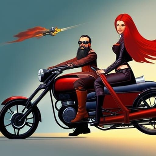 A man with a long beard riding a motorcycle with a cute redhead woman in the sidecar. Hyperrealistic, splash art, concep...