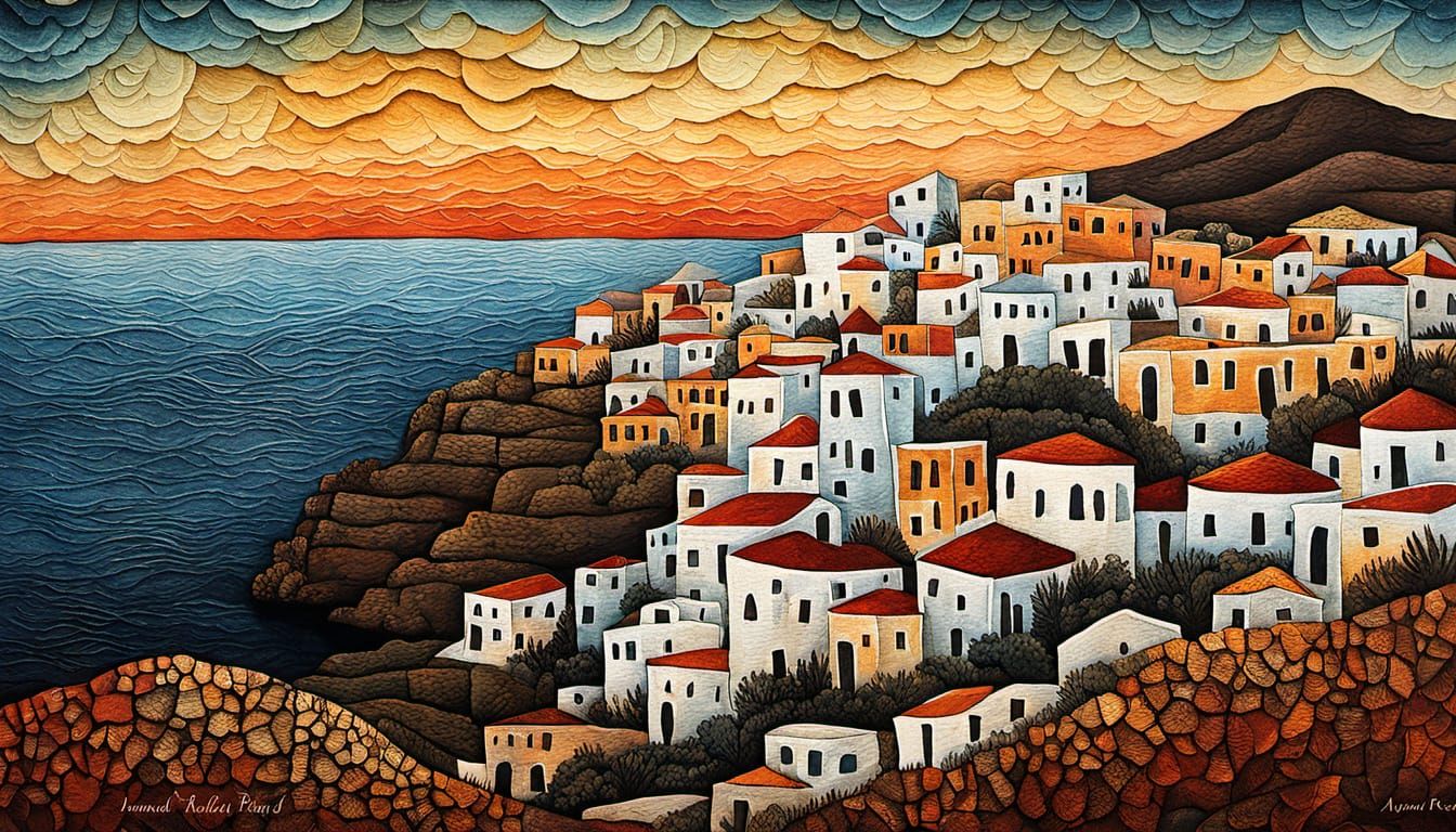 Whimsical Greek Island Nightscape in Lowbrow Art Style
