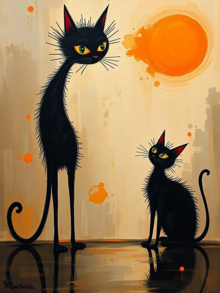 Surreal Black Cats in Abstract Dreamscape Painting