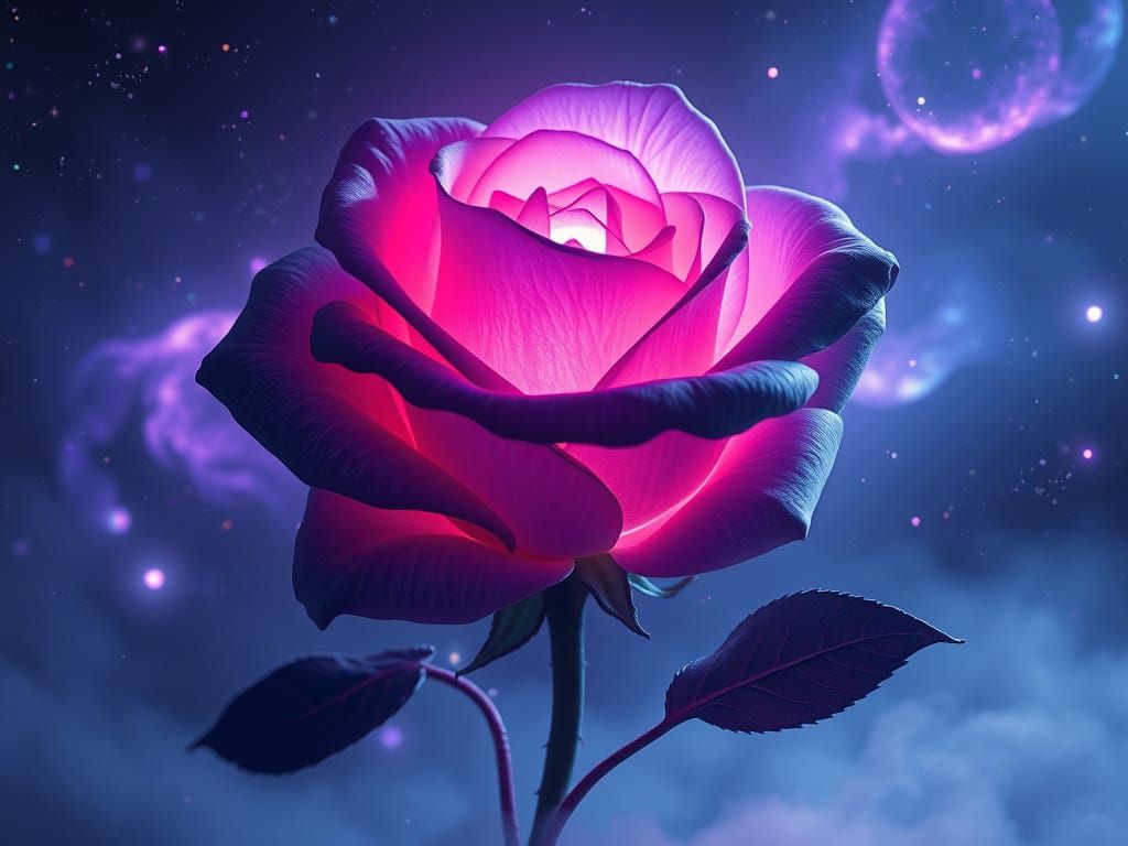 Ethereal Cosmic Rose Blooms in a Galaxy of Soft, Neon Hues