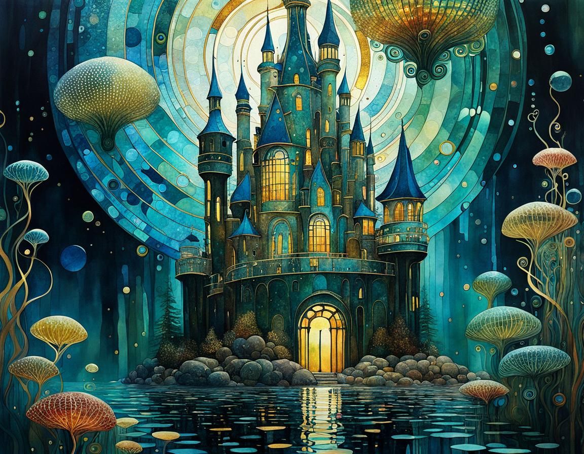 Underwater Castle Illustration in Klimt-Inspired Style