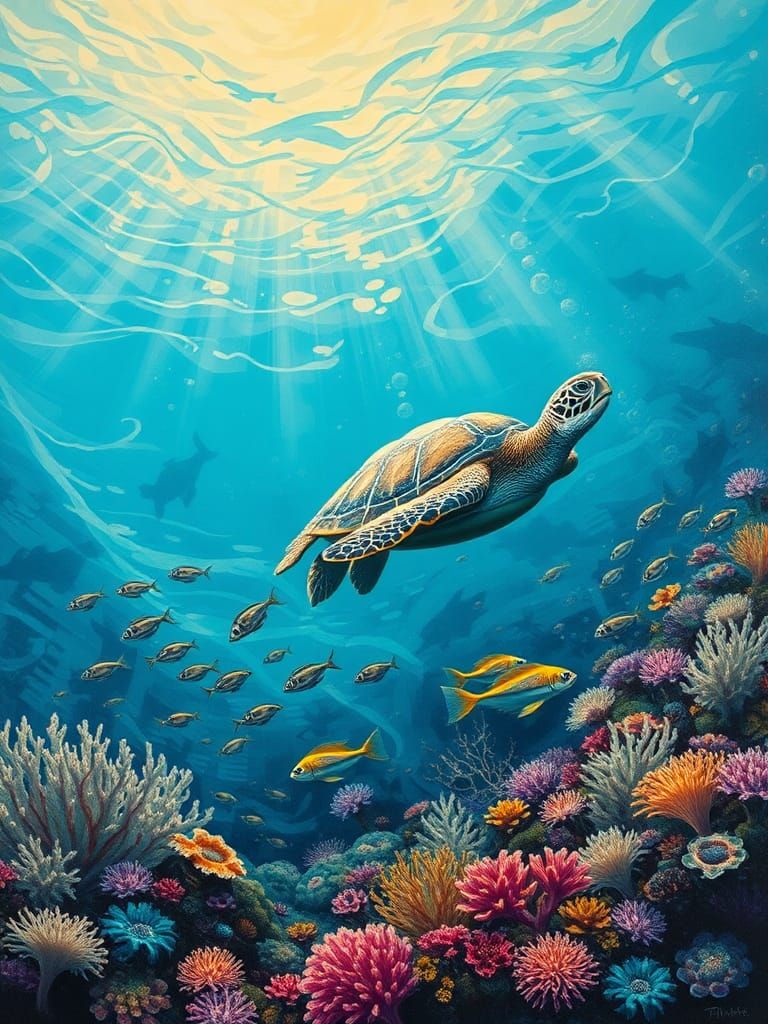 Sea Turtle Gliding Through Coral Reef: Impressionist Style