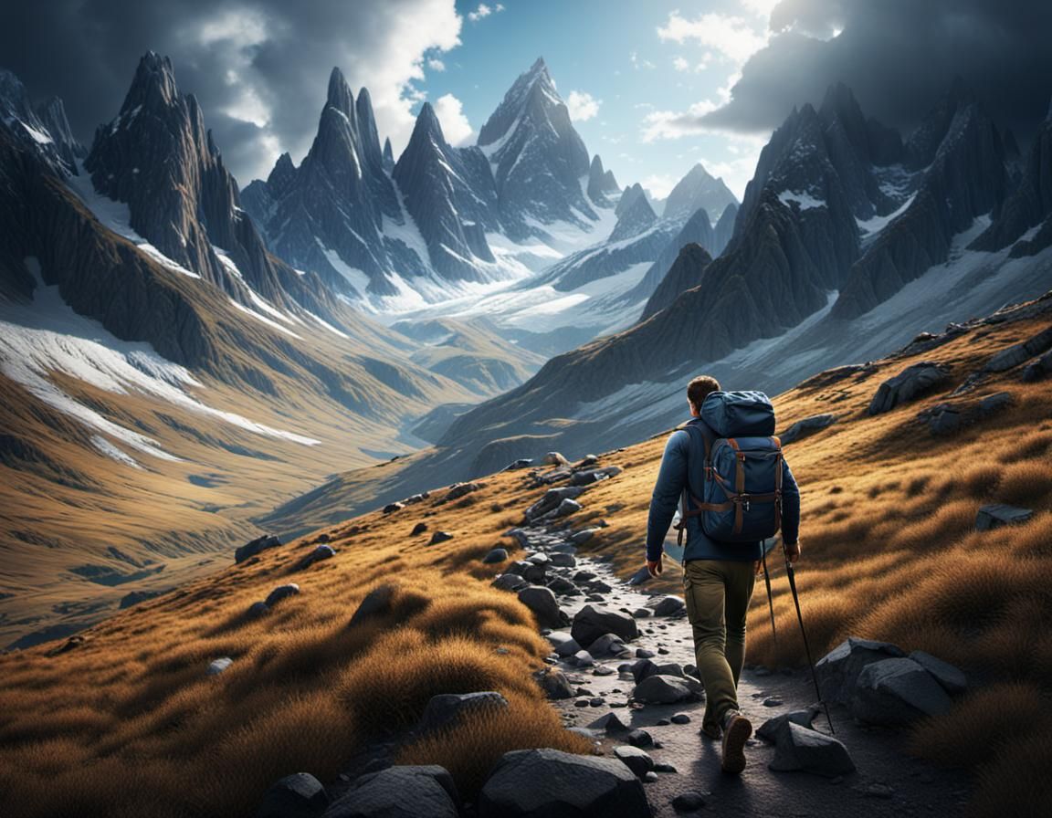 Hiker in Dramatic Mountain Landscape: Photorealistic 3D Rend...