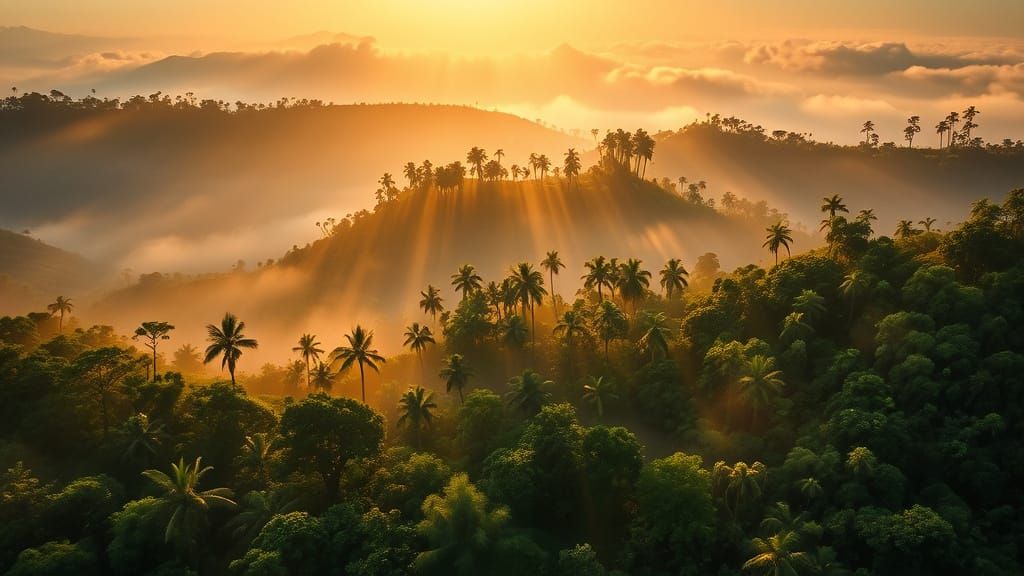 Misty Thai Landscape at Dawn in Golden Light