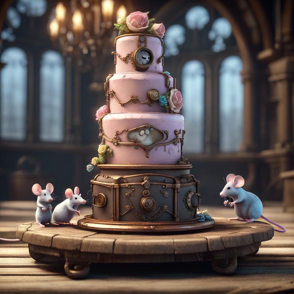 Steampunk Wedding Cake with Mice in 3D Render