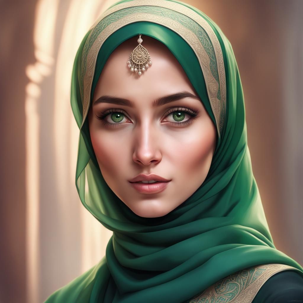 A beautiful charming muslim girl with elegant hijab portrait, beautiful wide green eyes, head and shoulders portrait, 8k...