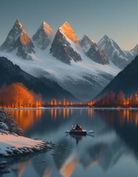 Lake with Snow-Capped Mountains, Orange and Teal Colors