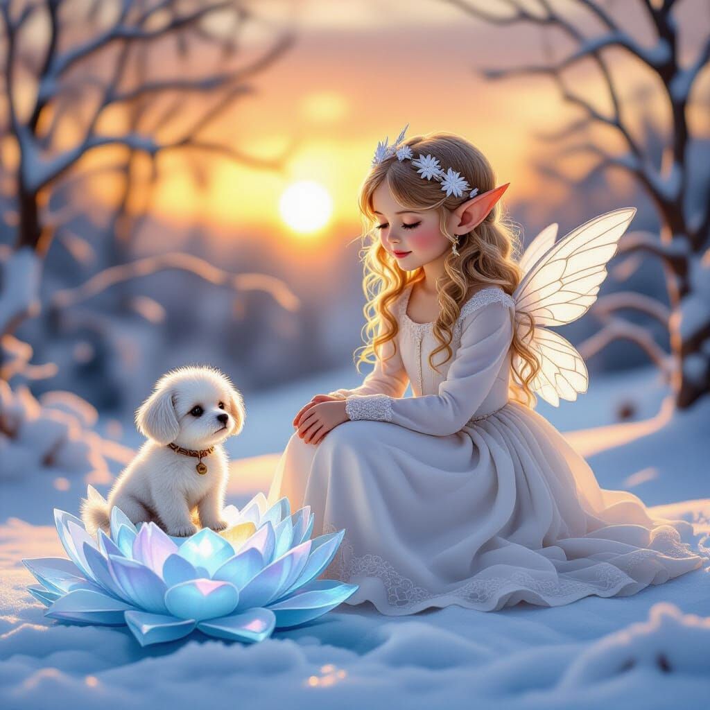 Elf Maiden and Dog on Ice Flower