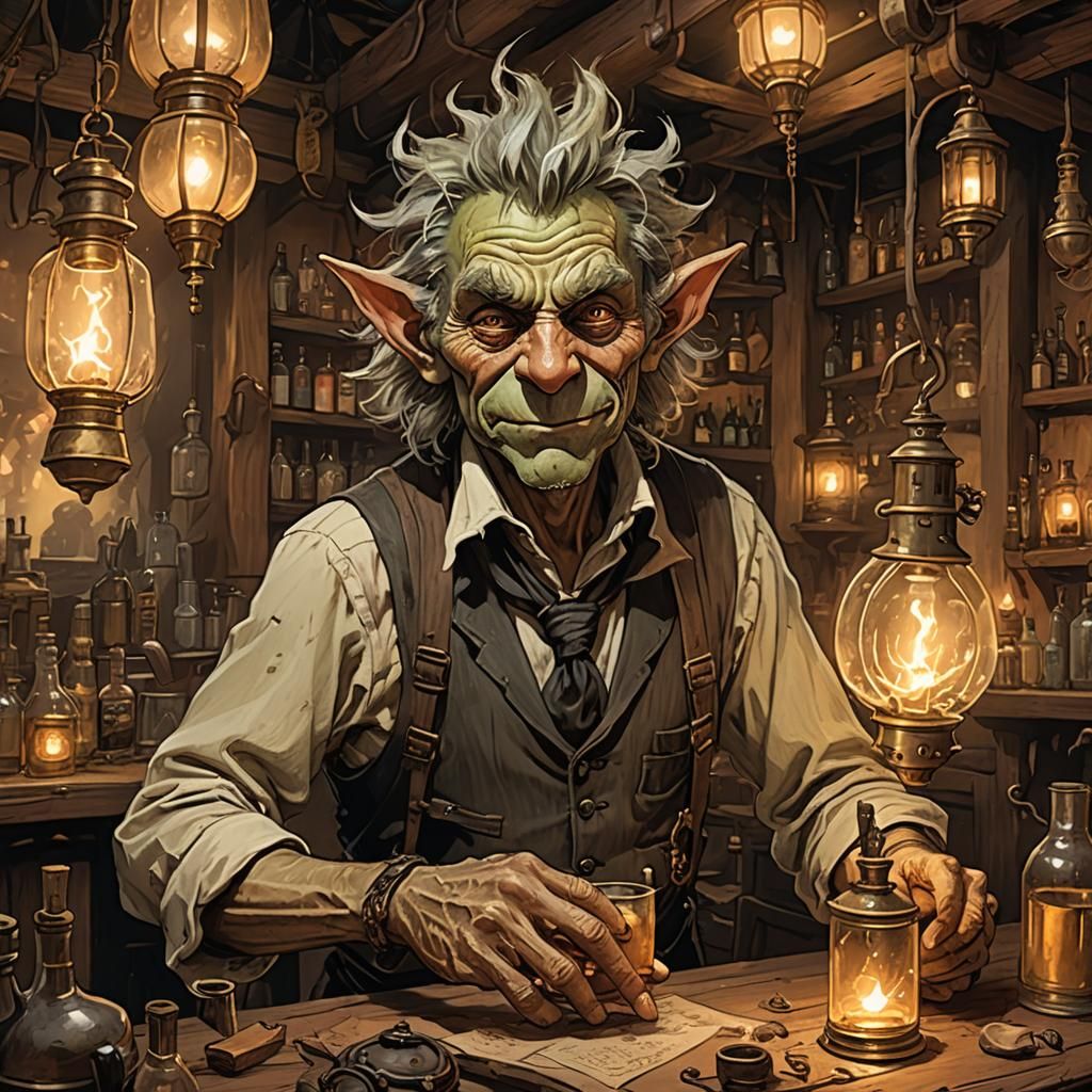 Tired Goblin Bartender in a Fantasy Tavern