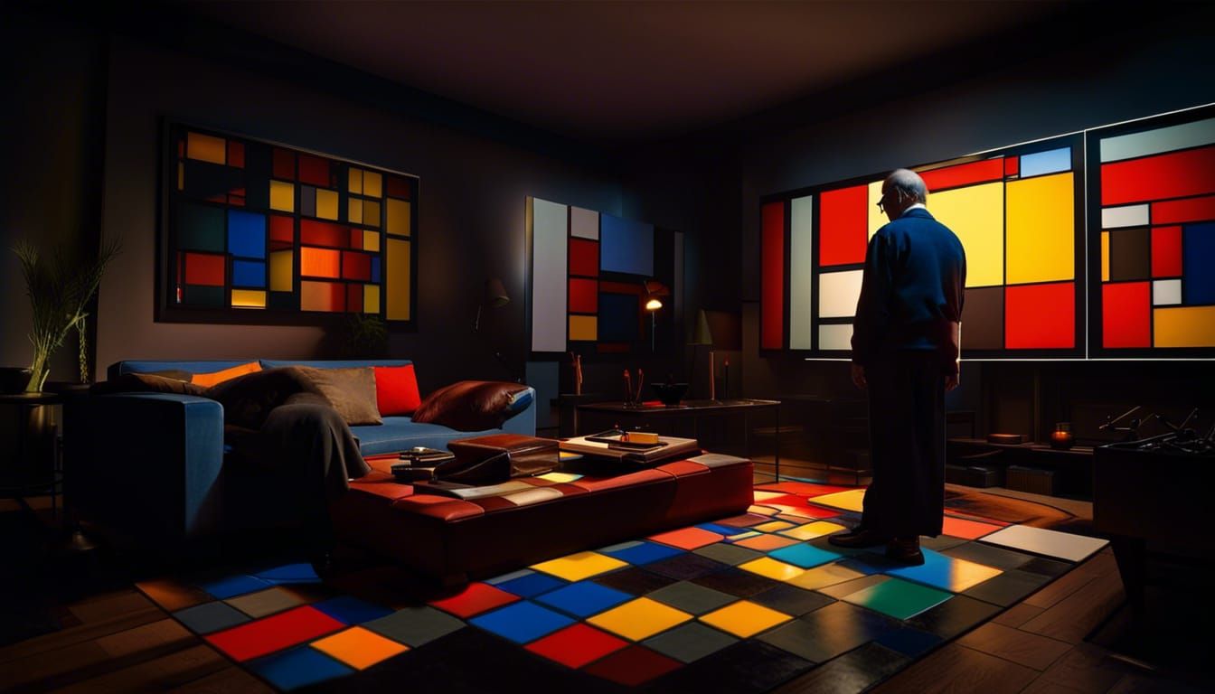 Mondrian Painting Living Room: Hyperrealistic Evening Scene