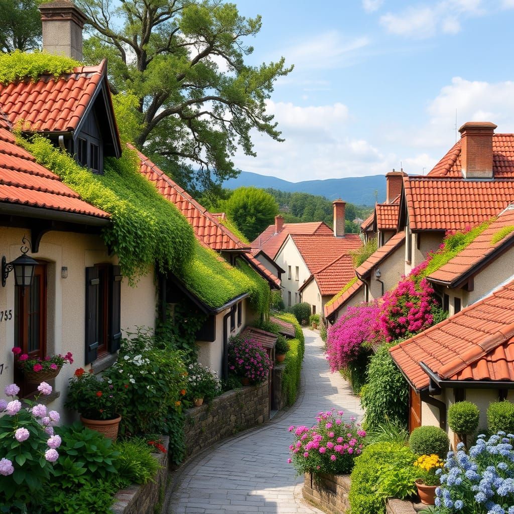 Blossoming Village in Dreamy Landscape Style