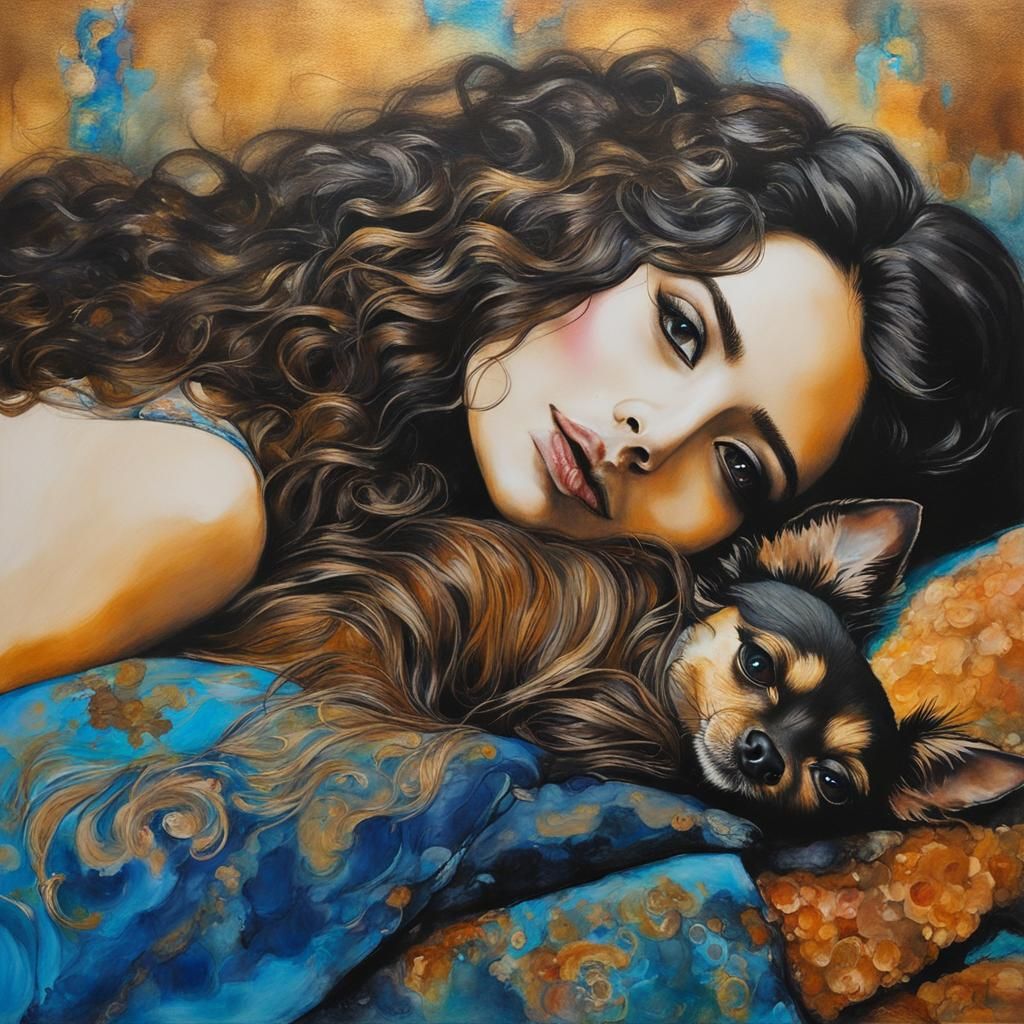 Woman and Chihuahua in Klimt Style with Satin Bedding