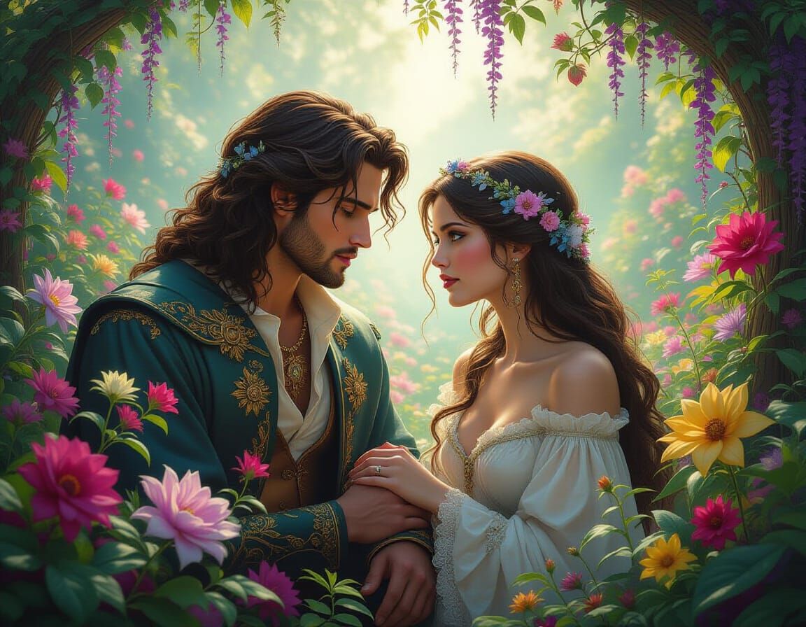 Orpheus and Eurydice in Fairy Garden, Hyperrealistic Art