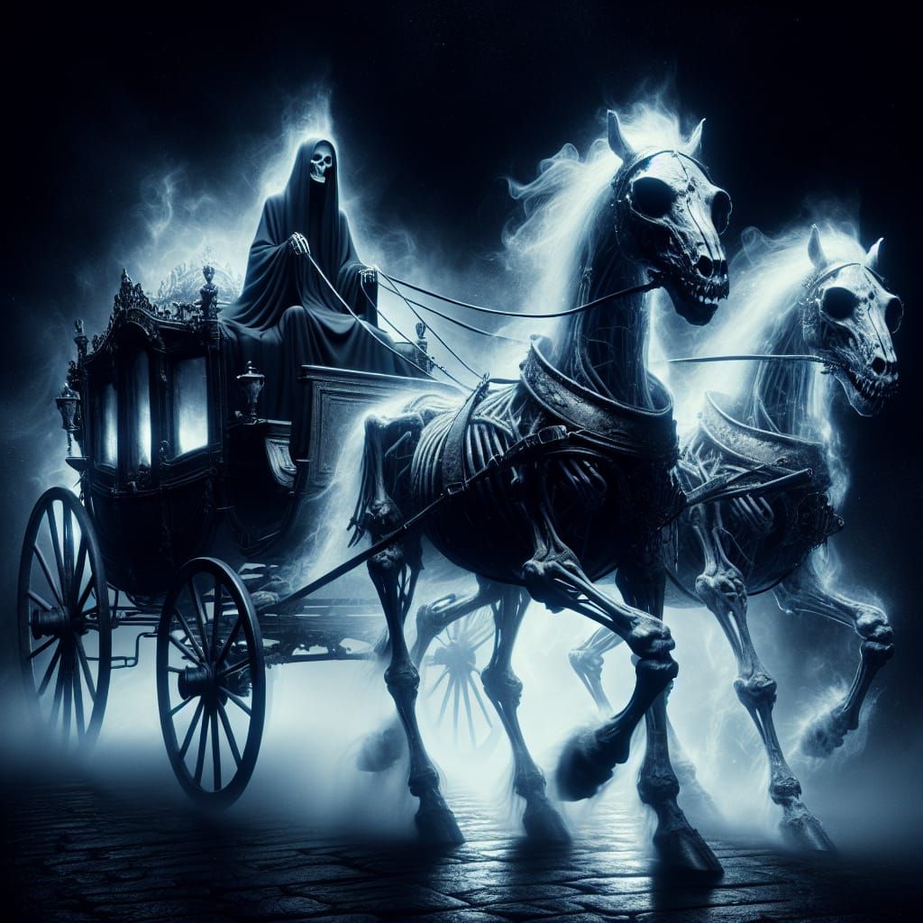 Spectral Horse Carriage Led by Death in Eerie Mist