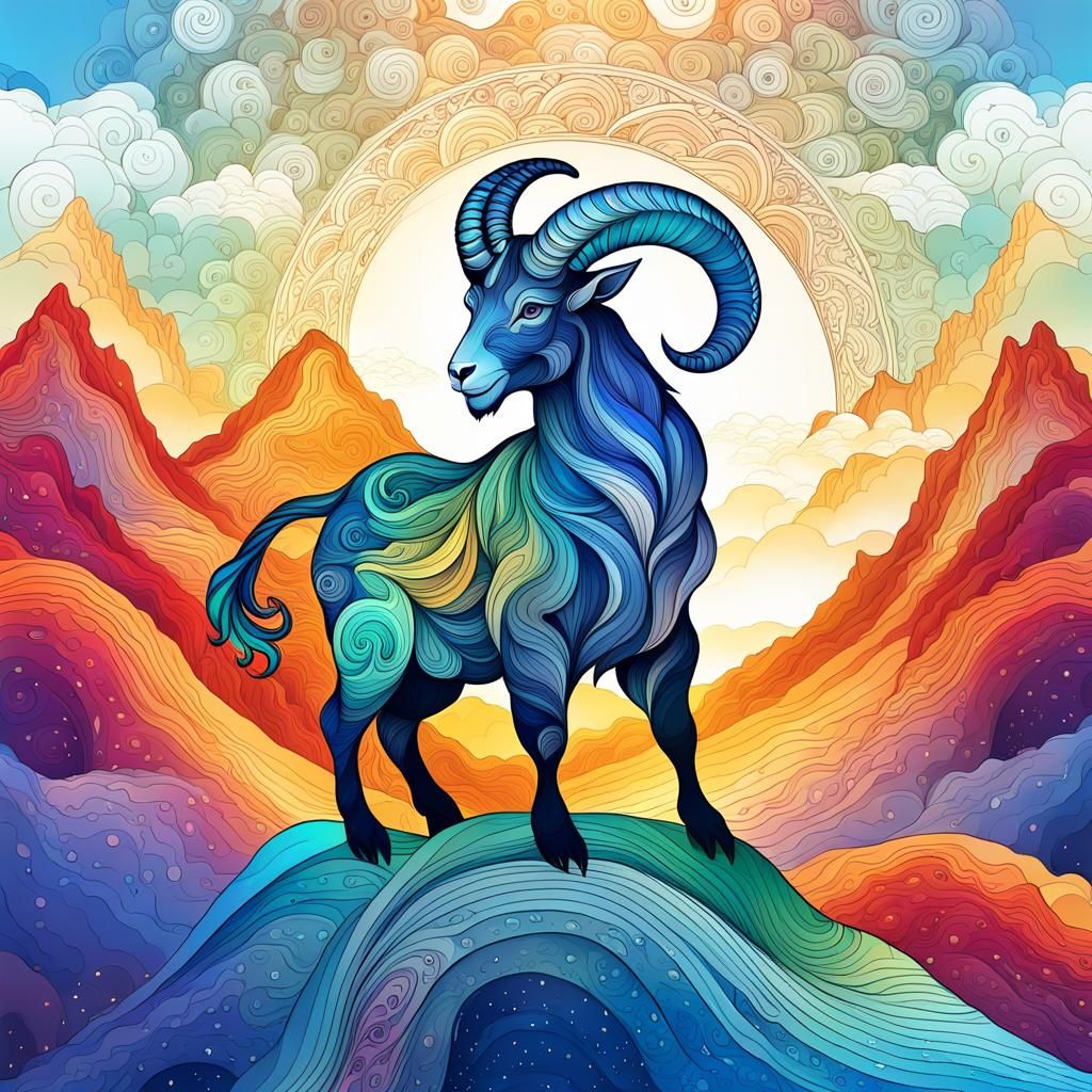 Capricorn Zodiac Sign: Goat Climbing Mountain in Dreamlike S...
