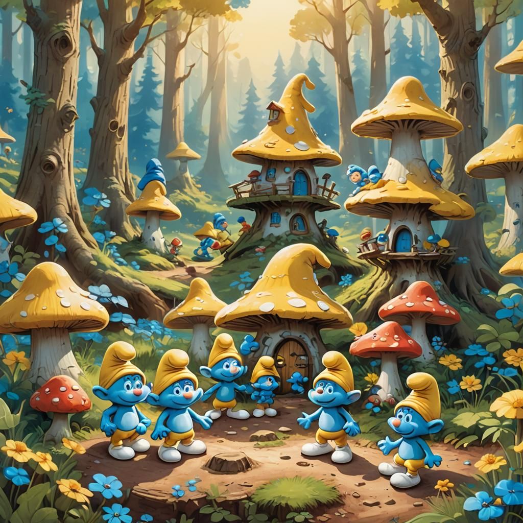 Smiling Smurfs in Sunny Forest, Whimsical Cartoon Art