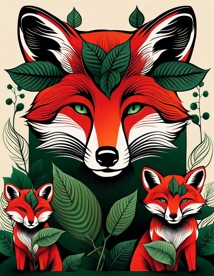 Ukiyo-e Illustration of Fox and Cubs with Flora