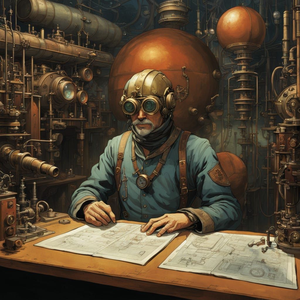 Steampunk Scientist Tinkers in Industrial Futurist Workshop