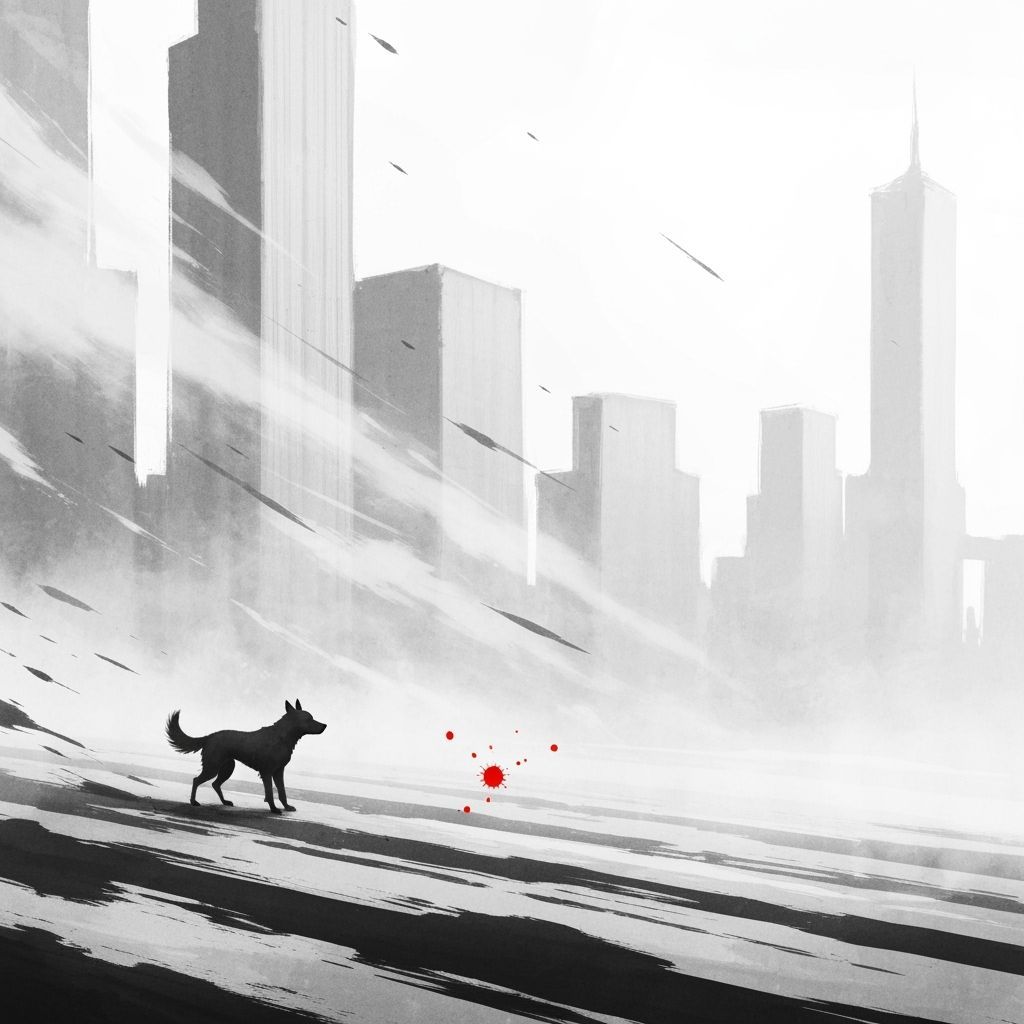 Melancholy Dog in Windswept Cityscape