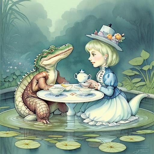 Alligator Tea Party in Watercolor Illustration Style