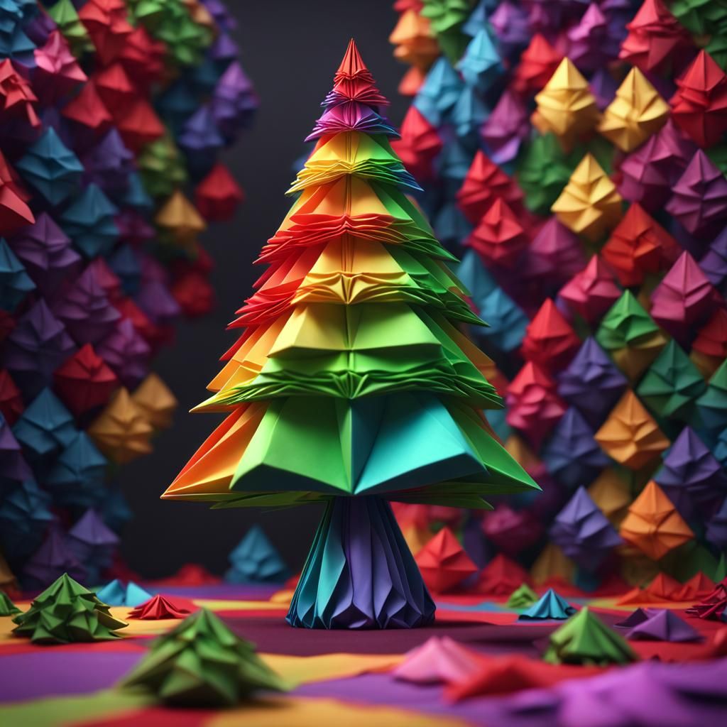 Rainbow Origami Christmas Tree: Hyperrealistic Artstation Im...