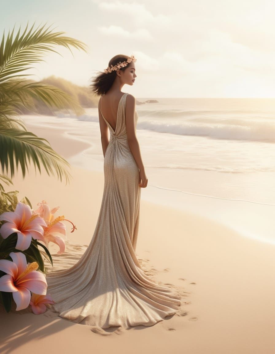 Woman on Glittering Sand in Dreamy Tropical Scene