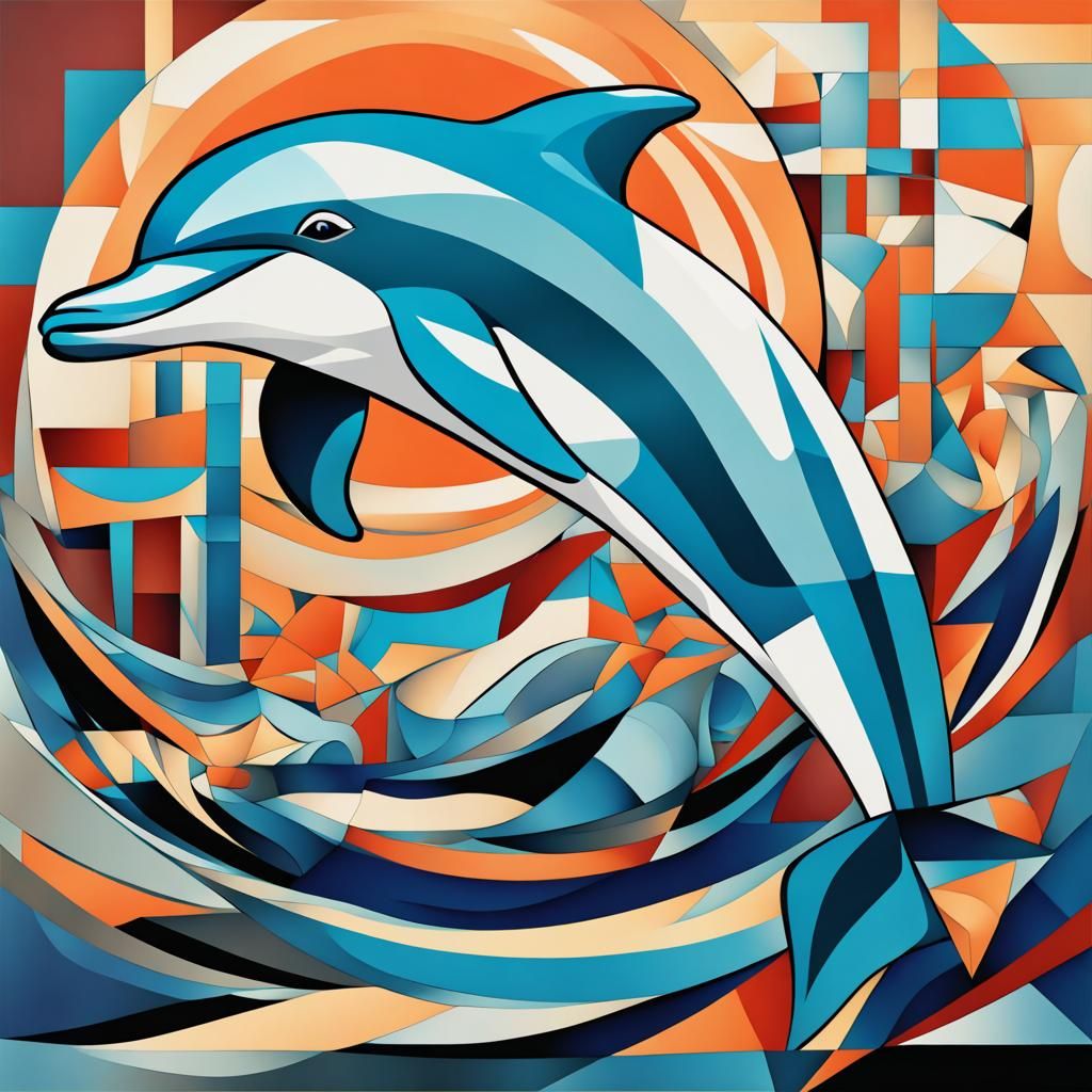 Cubist Dolphin Swimming in Geometric Art Deco Style